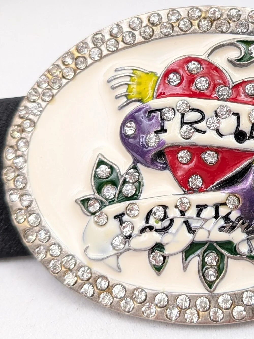 Ed Hardy Leather Belt True Love Enamel & Rhinestone Buckle Y2K Retro Rockabilly
